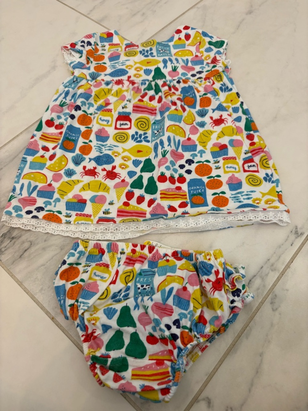 Baby Boden Farmers Market White Multicolor Food & Sea Print Dress Set